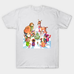 Happy animals celebrate Christmas night around the pine tree and its bright star Retro Vintage Comic Cartoons T-Shirt